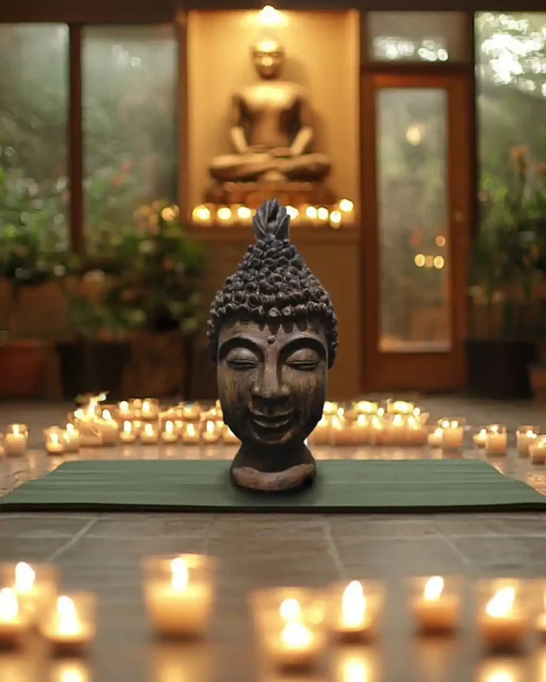 Mumlarla çevrilmiş bir Buda Kafası Heykeli