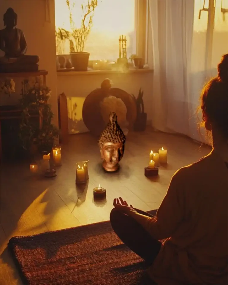 Kahverengi Buda Başı önünde meditasyon yapan kadın