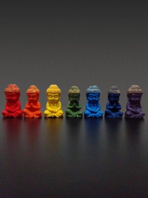 7’li Çakra Renkli Küçük Buda Heykeli Seti, taş tozu dekoratif minyatür meditasyon figürleri - önden görünüm - vitrin fotoğrafı