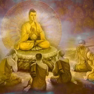 Buda, Dört Yüce Gerçek’i öğrencilerine anlatırken oturmuş bir şekilde betimlenmiş tablo